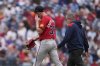 Atlanta Braves pitcher AJ Smith-Shawver walks to the dugout after being pulled during the third inning in the first baseball game of a doubleheader against the Philadelphia Phillies Thursday, May 29, 2025, in Philadelphia. (AP Photo/Matt Slocum)