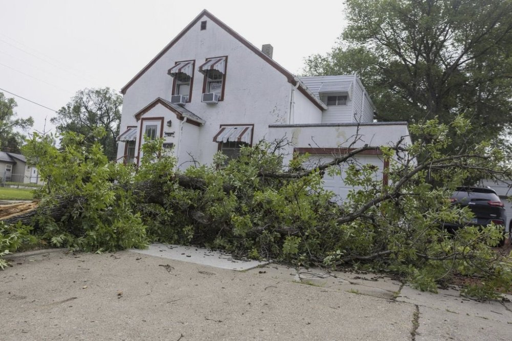 A broken tree lays in a yard from the previous night's severe thunderstorms in Bismarck, N.D., on Saturday, June 21, 2025. (Tanner Ecker /The Bismarck Tribune via AP)