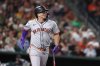 San Francisco Giants' Willy Adames watches as he flies out to second base during the ninth inning of a baseball game against the Athletics Saturday, July 5, 2025, in West Sacramento, Calif. (AP Photo/Sara Nevis)
