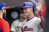 Philadelphia Phillies' Max Kepler celebrates after scoring on a walk in the fourth inning of a baseball game against the Toronto Blue Jays, Saturday, June 14, 2025, in Philadelphia. (AP Photo/Laurence Kesterson)