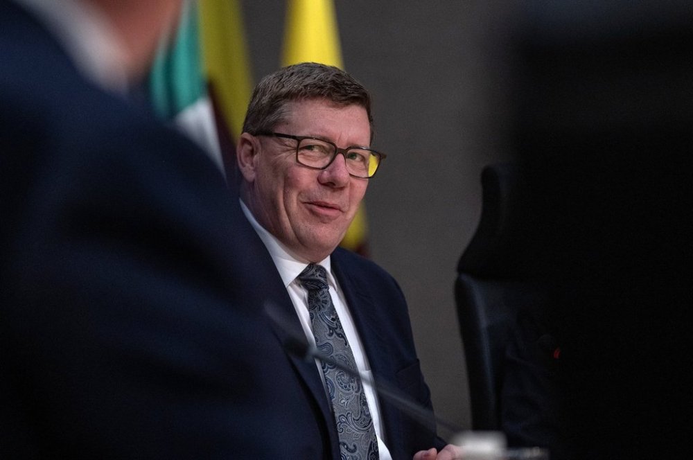 Saskatchewan Premier Scott Moe during the First Minister’s Meeting in Saskatoon on Monday, June 2, 2025. His government is now facing questions over why almost half of its water bomber fleet was grounded while blazes were forcing thousands to flee. THE CANADIAN PRESS/Liam Richards