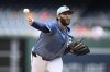Washington Nationals starting pitcher Trevor Williams throws during the first inning of a baseball game against the Miami Marlins, Saturday, June 14, 2025, in Washington. (AP Photo/Nick Wass)