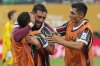 Fluminense's Juan Pablo Freytes, center, celebrates with teammates after scoring a goal against Ulsan HD during the second half of a Club World Cup group F soccer match, Saturday, June 21, 2025, in East Rutherford, N.J. (AP Photo/Seth Wenig)