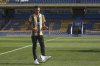 Angel Di Maria kicks the ball during his presentation ceremony as Rosario Central's new soccer player at Gigante de Arroyito stadium in Rosario, Argentina, Monday, July 7, 2025. (AP Photo/Gustavo Garello)