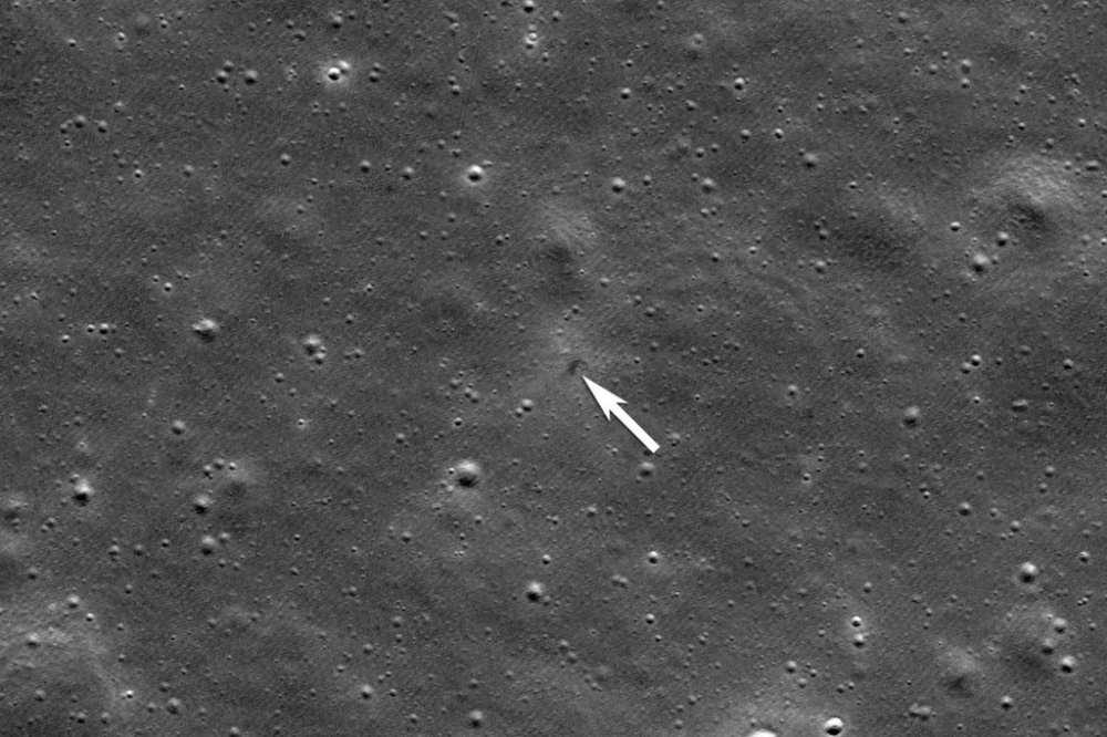 This image provided by NASA shows an annotation indicating the impact site for ispace's Resilience lunar lander, seen by the Lunar Reconnaissance Orbiter Camera on June 11, 2025. (NASA/Goddard/Arizona State University via AP)