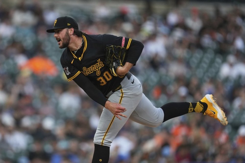 Pittsburgh Pirates pitcher Paul Skenes throws against the Detroit Tigers in the sixth inning during the second baseball game of a doubleheader, Thursday, June 19, 2025, in Detroit. (AP Photo/Paul Sancya)