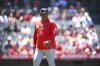 Washington Nationals manager Dave Martinez reacts after losing a challenge on a call during the fifth inning of a baseball game against the Los Angeles Angels Sunday, June 29, 2025, in Anaheim, Calif. (AP Photo/William Liang)