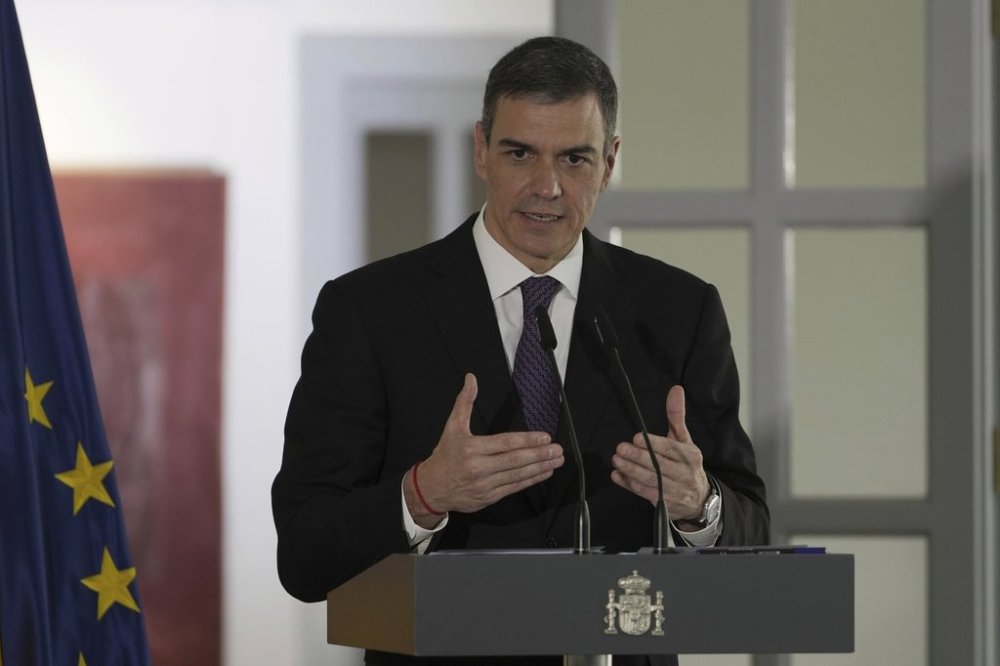 FILE - Spain's Prime Minister Pedro Sanchez speaks during a press conference at the Spanish Embassy in Beijing, April 11, 2025. (AP Photo/Ng Han Guan, File)