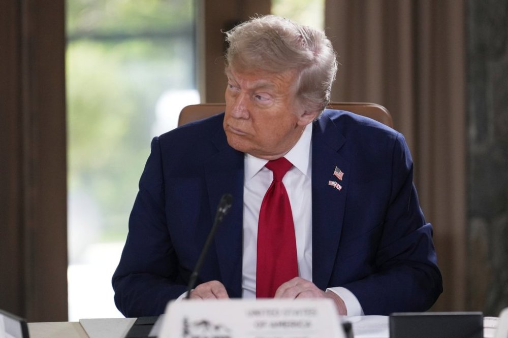President Donald Trump participates in a session of the G7 Summit, Monday, June 16, 2025, in Kananaskis, Canada. (AP Photo/Mark Schiefelbein)