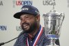 J.J. Spaun speaks during a news conference after winning the U.S. Open golf tournament at Oakmont Country Club Sunday, June 15, 2025, in Oakmont, Pa. (AP Photo/Gene J. Puskar)