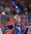 Oilers goaltender Stuart Skinner skates back to the net after a stoppage in play during the third period in Game 2 of the Stanley Cup final against the Florida Panthers in Edmonton, on Friday, June 6, 2025. THE CANADIAN PRESS/Darryl Dyck