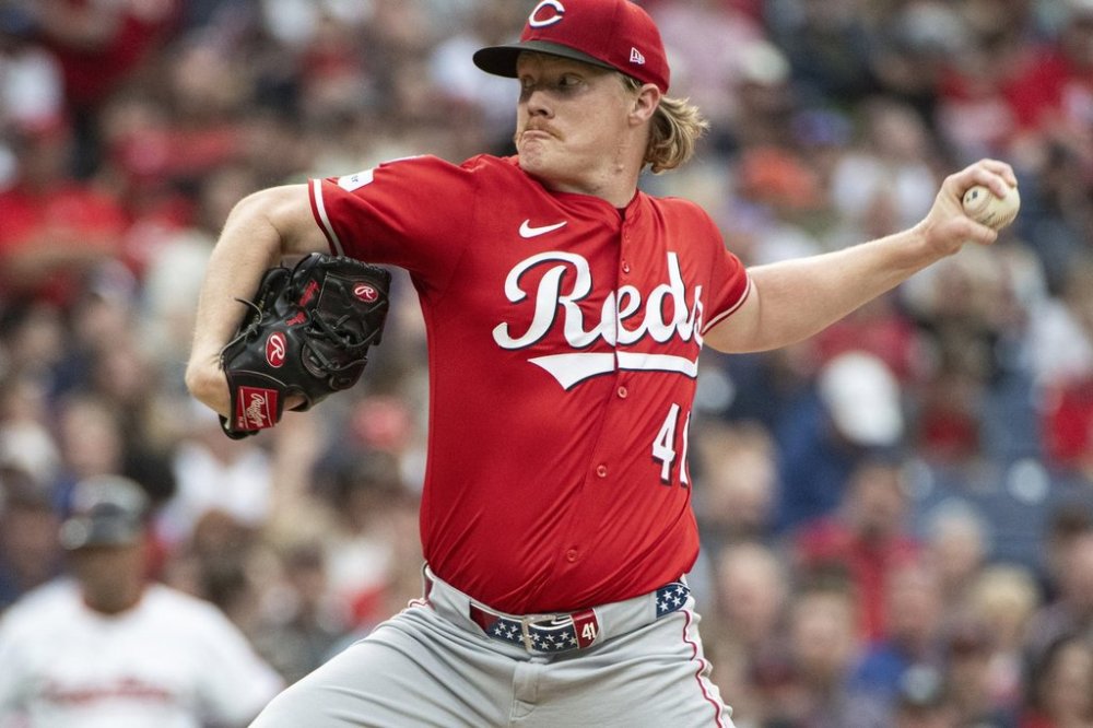 Cincinnati Reds starting pitcher Andrew Abbott delivers against the Cleveland Guardians during the third inning of a baseball game, Tuesday June 10, 2025, in Cleveland. (AP Photo/Phil Long)