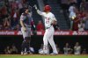 Los Angeles Angels' Mike Trout gestures after hitting a home run during the seventh inning of a baseball game against the Washington Nationals Saturday, June 28, 2025, in Anaheim, Calif. (AP Photo/William Liang)