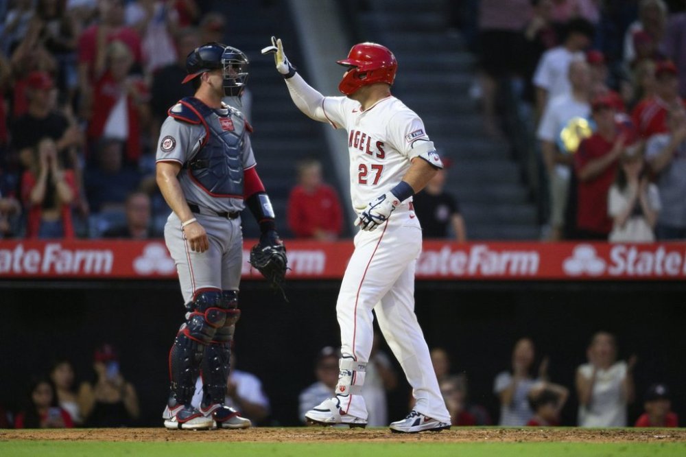 Los Angeles Angels' Mike Trout gestures after hitting a home run during the seventh inning of a baseball game against the Washington Nationals Saturday, June 28, 2025, in Anaheim, Calif. (AP Photo/William Liang)