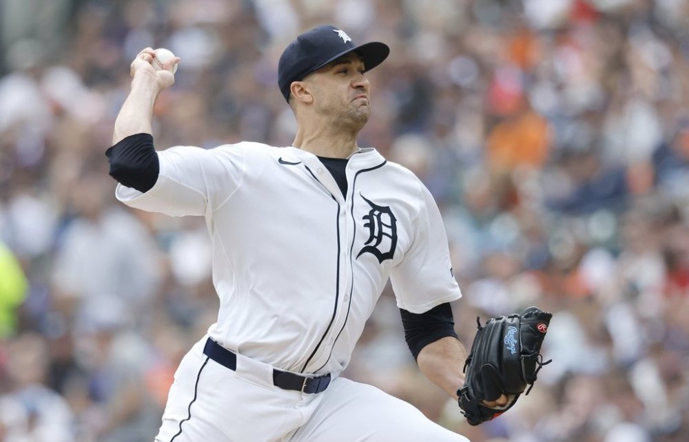 Detroit Tigers' Jack Flaherty pitches against the Chicago Cubs during the second inning of a baseball game Sunday, June 8, 2025, in Detroit. (AP Photo/Duane Burleson)