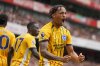 FILE - Brighton's Joao Pedro celebrates after scoring his side's opening goal during the English Premier League soccer match between Arsenal and Brighton, at Emirates Stadium in London, Saturday, Aug. 31, 2024. (AP Photo/Alastair Grant, File)