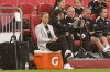 Canada's Head Coach Casey Stoney sits on a cooler as she watches her team against Costa Rica during international women's friendly soccer action in Toronto, on Friday June 27, 2025. THE CANADIAN PRESS/Chris Young