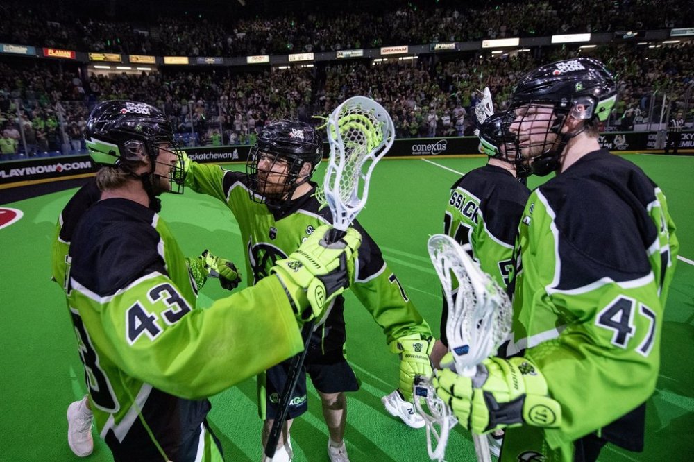 The Saskatchewan Rush celebrate their win over the Buffalo Bandits in game 2 of the National Lacrosse League finals in Saskatoon, Sask., on Sunday, May 18, 2025. THE CANADIAN PRESS/Liam Richards