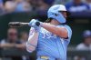 Kansas City Royals' Vinnie Pasquantino watches his three-run home run during the fifth inning of a baseball game against the Los Angeles Dodgers, Saturday, June 28, 2025, in Kansas City, Mo. (AP Photo/Charlie Riedel)