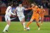 FILE -Netherlands' Romee Leuchter, right, vies for the ball with Norway's Ingrid Engen during the qualifying soccer match for the 2025 European Women's Championship between the Netherlands and Norway at the Rat Verlegh stadium in Breda, southern Netherlands, April 9, 2024. (AP Photo/Peter Dejong, File)
