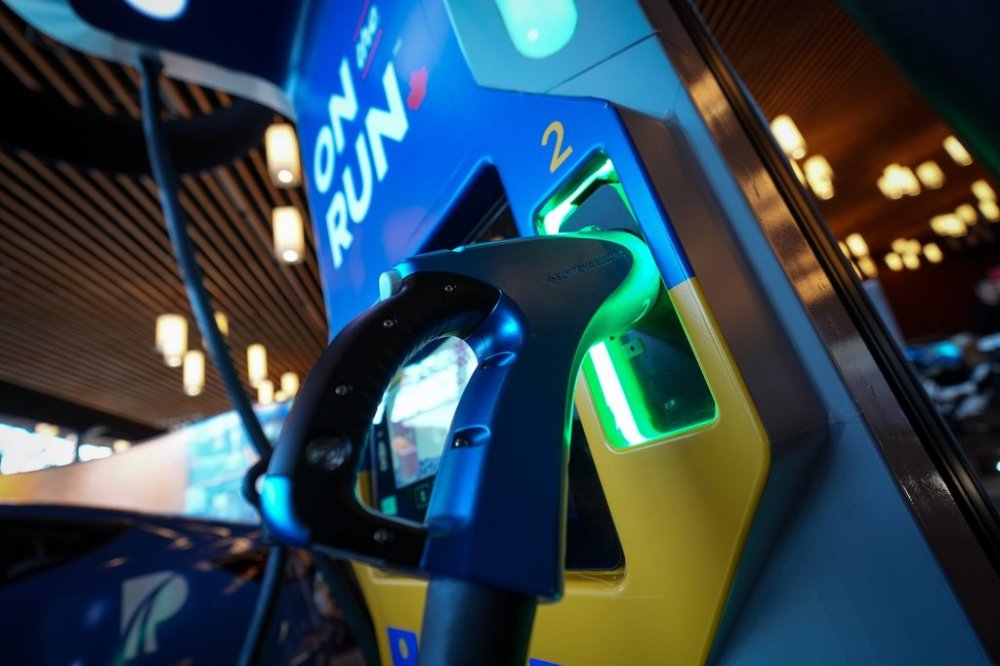 A DC fast charging station manufactured by Sumitomo Electric is seen at Fully Charged Live, an electric vehicle (EV), renewable and clean energy and urban mobility exhibition, in Vancouver, B.C., on Friday, Sept. 8, 2023. THE CANADIAN PRESS/Darryl Dyck