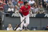 Cleveland Guardians' David Fry watches his two-run home run off Colorado Rockies starting pitcher Kyle Freeland during the first inning of a baseball game, Wednesday, July 30, 2025, in Cleveland. (AP Photo/Phil Long)