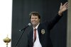 FILE - United States team captain Paul Azinger waves to spectators while speaking at the Ryder Cup opening ceremonies at the Valhalla Golf Club in Louisville, Ky., Sept. 18, 2008. (AP Photo/Chris O'Meara, File)