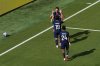 Paris Saint-Germain's Goncalo Ramos (9), rear, celebrates his goal with Lee Kang-in (19) and Senny Mayulu (24) during the Club World Cup semifinal soccer match between PSG and Real Madrid in East Rutherford, N.J., Wednesday, July 9, 2025. (AP Photo/Pamela Smith)