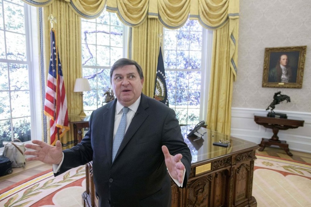 White House Historical Association President Stewart McLaurin talks during an interview, during work to transition a replica of the White House Oval Office from the days of former President Joe Biden with President Donald Trump's decor, at the White House Historical Association in Washington, Wednesday, July 23, 2025. (AP Photo/Rod Lamkey, Jr.)
