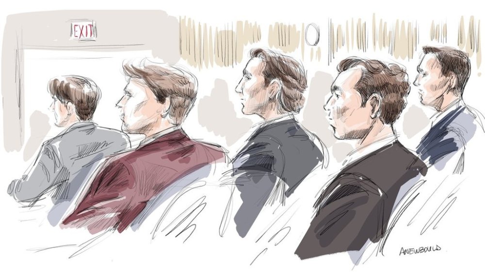 Michael McLeod, Carter Hart, Alexandar Formenton, Dillon Dubé and Callan Foote are shown in court in this courtroom sketch made in London, Ont., on Wednesday, April 23, 2025. THE CANADIAN PRESS/Alexandra Newbould
