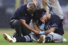 Tampa Bay Rays' Jonathan Aranda (62) is tended to after he was injured in the fifth inning of a baseball game against the New York Yankees, Thursday, July 31, 2025, in New York. (AP Photo/Heather Khalifa)
