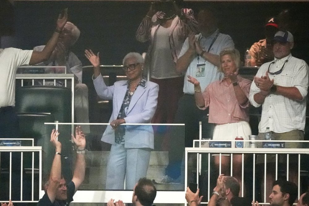 Billye Aaron, wife of baseball great Hank Aaron waves during at the MLB baseball All-Star game between the American League and National League, Tuesday, July 15, 2025, in Atlanta. (AP Photo/Mike Stewart)