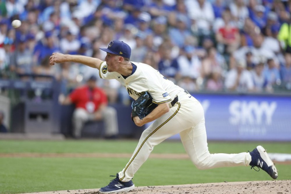 Milwaukee Brewers pitcher Jacob Misiorowski (32) throws to the Chicago Cubs during the first inning of a baseball game, Monday, July 28, 2025, in Milwaukee. (AP Photo/Jeffrey Phelps)