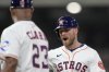 Houston Astros' Cooper Hummel, right, yells after hitting a RBI single against the Washington Nationals during the fifth inning of a baseball game Tuesday, July 29, 2025, in Houston. (AP Photo/David J. Phillip)