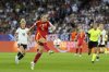 Spain's Aitana Bonmati attempts a shot at goal during the Women's Euro 2025 semifinals soccer match between Germany and Spain at Stadion Letzigrund in Zurich, Switzerland, Wednesday, July 23, 2025. (AP Photo/Alessandra Tarantino)