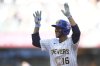 Milwaukee Brewers' Blake Perkins celebrates after hitting a walkoff RBI single during the ninth inning of a baseball game against the Miami Marlins, Sunday, July 27, 2025, in Milwaukee. (AP Photo/Aaron Gash)