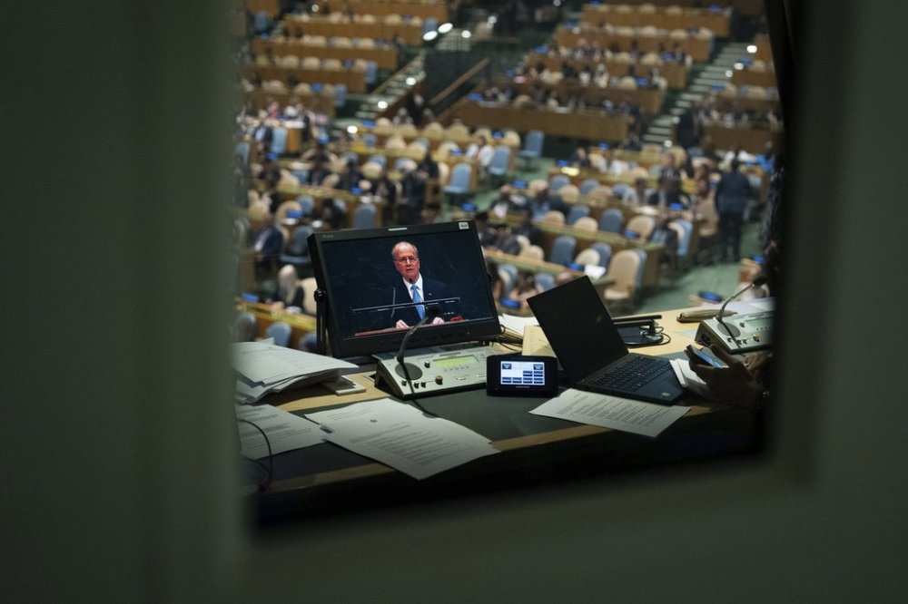Palestinian Prime Minister Mohammed Mustafa is seen on a interpreter monitor as he speaks during a high-level International Conference for the Peaceful Settlement of the Question of Palestine and the Implementation of the Two-State solution at United Nations Headquarters, Monday, July 28, 2025. (AP Photo/Adam Gray)