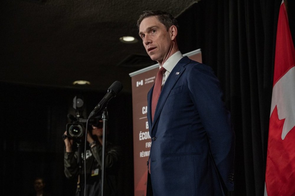 Premier of Newfoundland and Labrador John Hogan speaks to media prior to the First Minister’s Meeting in Saskatoon on Monday, June 2, 2025. THE CANADIAN PRESS/Liam Richards