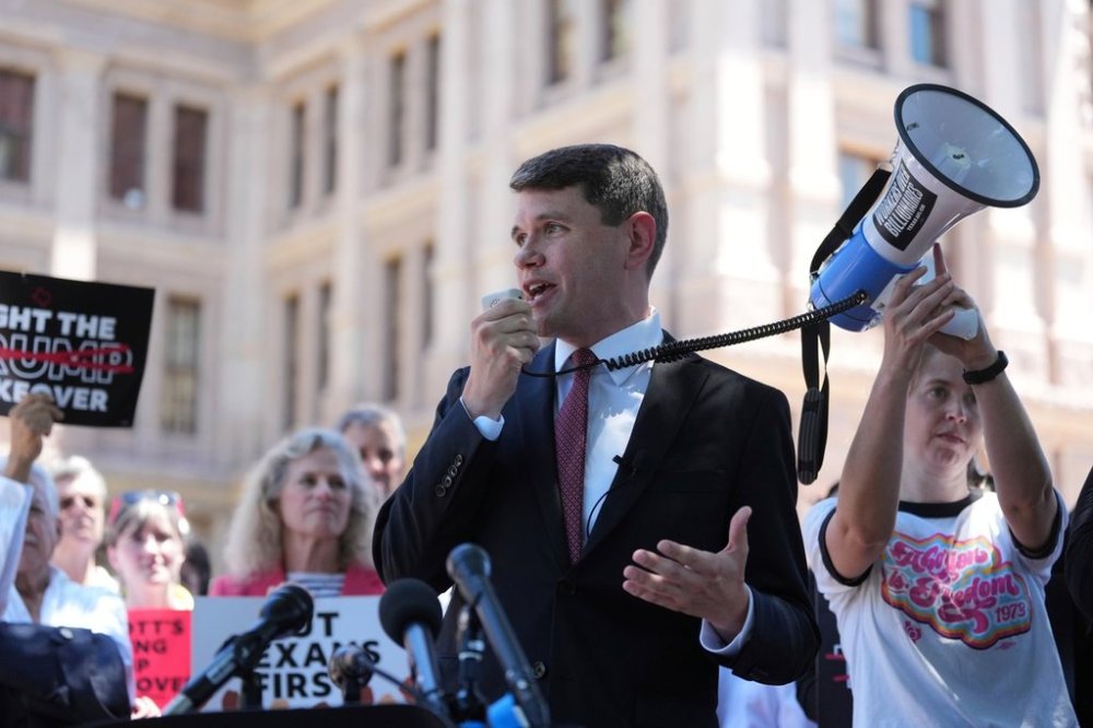 Texas state Rep. James Talarico speaks during a rally to protest against redistricting hearings at the Texas Capitol, Thursday, July 24, 2025, in Austin, Texas. (AP Photo/Eric Gay)