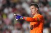 FILE - Barcelona's goalkeeper Marc-Andre ter Stegen gestures during the Spanish La Liga soccer match between Rayo Vallecano and Barcelona at the Vallecas stadium in Madrid, Spain, Aug. 27, 2024. (AP Photo/Manu Fernandez, file)