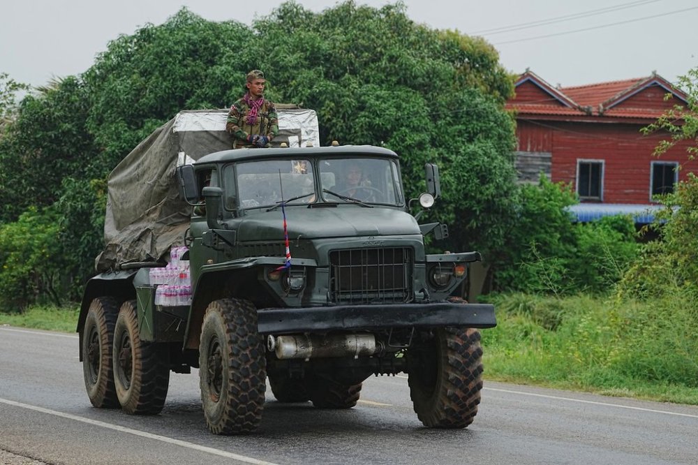 A Cambodian military vehicle carries rocket launcher in Oddar Meanchey province, Cambodia, Saturday, July 26, 2025, as border fighting between Thailand and Cambodia entered its third day, heightening fears of an extended conflict. (AP Photo/Heng Sinith)