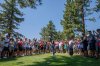 Stephen Curry hits from the spectator area on the 18th hole during the first round of the American Century celebrity golf tournament at Edgewood Tahoe Golf Course in Stateline, Nevada, on Friday, July 11, 2025. (Santiago Mejia/San Francisco Chronicle via AP)