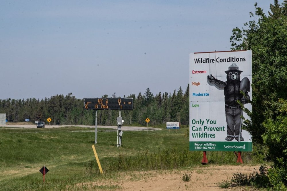 Signage on Highway 2 North near the Provincial Wildfire Centre in Prince Albert, Sask., Wednesday, June 4, 2025. THE CANADIAN PRESS/Liam Richards
