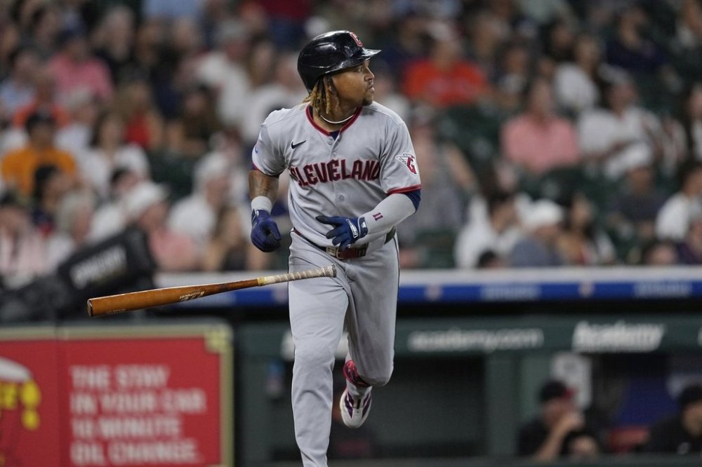 Cleveland Guardians' José Ramírez watches his home run against the Houston Astros during the first inning of a baseball game Wednesday, July 9, 2025, in Houston. (AP Photo/David J. Phillip)