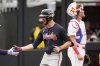 Atlanta Braves' Eli White celebrates his home run against the Cincinnati Reds during the second inning of the MLB Speedway Classic baseball game at Bristol Motor Speedway in Bristol, Tenn., Sunday, Aug. 3, 2025. Play was resumed today after yesterday's weather delay. (AP Photo/George Walker IV)