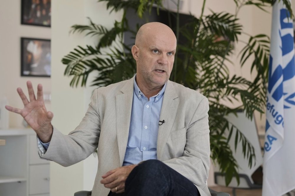 Ivo Freijsen, UNHCR representative in Lebanon, speaks during an interview with The Associated Press at his office at UNHCR headquarters in Beirut, Lebanon, Thursday, July 31, 2025. (AP Photo/Bilal Hussein)