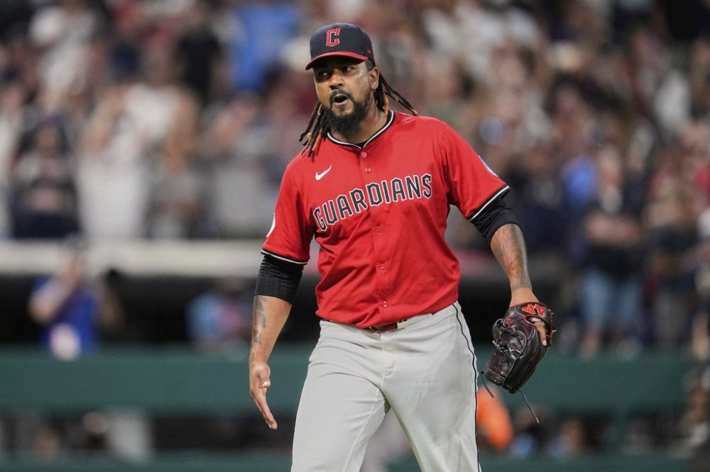 Cleveland Guardians pitcher Emmanuel Clase reacts after the Guardians defeated the Baltimore Orioles in a baseball game in Cleveland, Tuesday, July 22, 2025. (AP Photo/Sue Ogrocki)