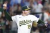 Athletics pitcher Mason Miller throws to the Toronto Blue Jays during the ninth inning of a baseball game Saturday, July 12, 2025, in West Sacramento, Calif. (AP Photo/Sara Nevis)