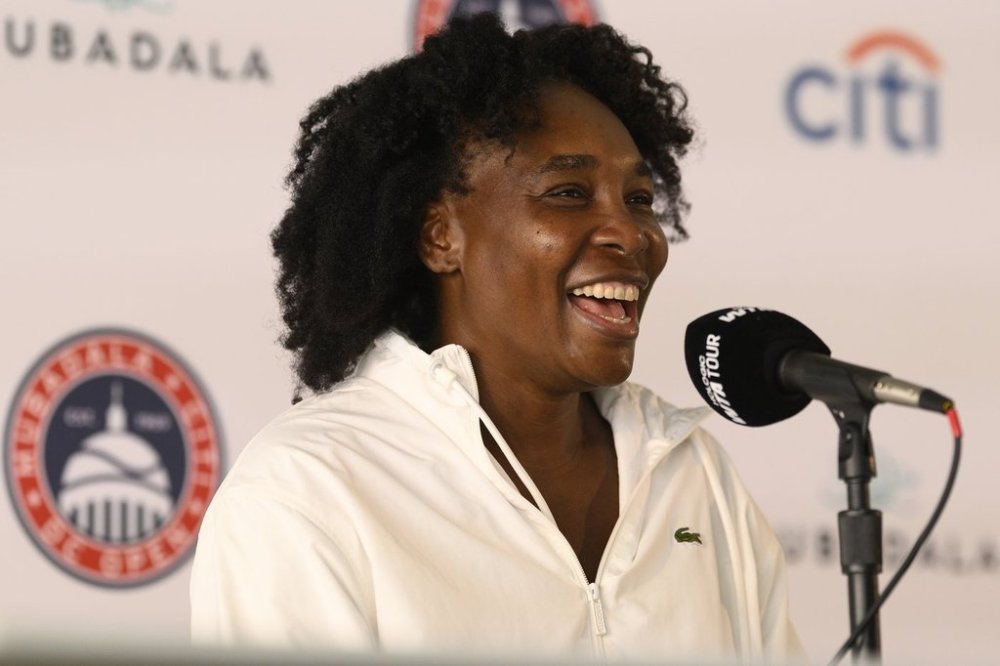 Venus Williams speaks to the media during a news conference at the Citi Open tennis tournament Sunday, July 20, 2025, in Washington. (AP Photo/Nick Wass)
