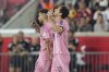 Inter Miami's Lionel Messi, right, gestures after scoring a goal as Jordi Alba walks away during the second half of an MLS soccer match against the New York Red Bulls Saturday, July 19, 2025, in Harrison, N.J. (AP Photo/Frank Franklin II)